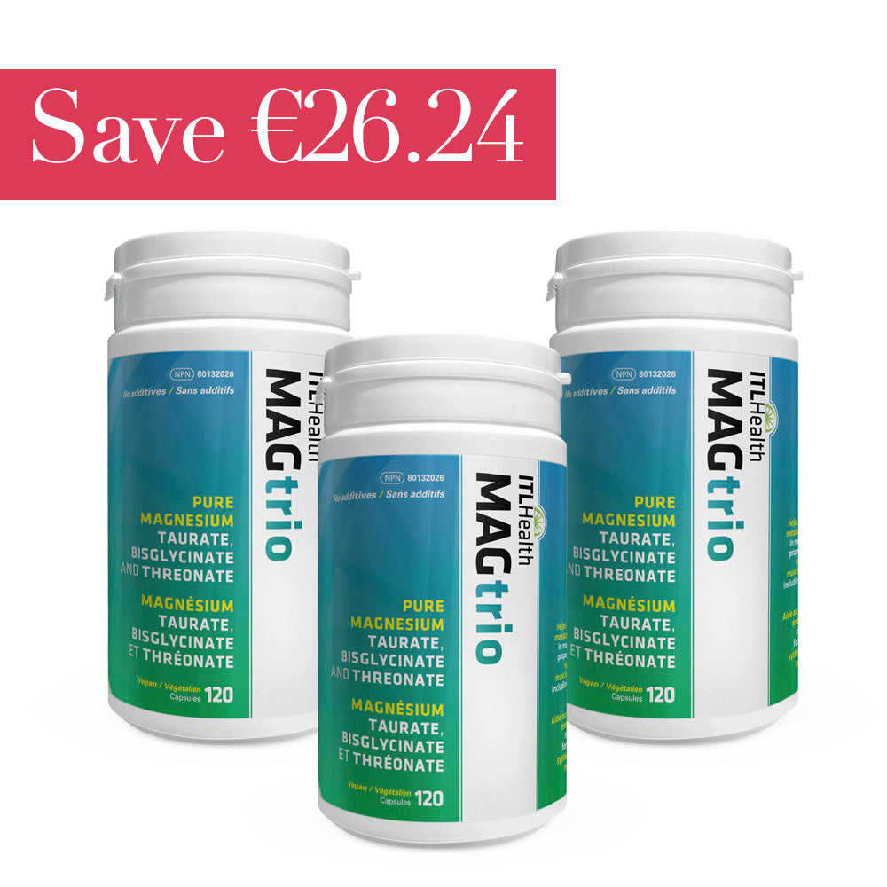 3 Bottles of ITL Health MAGtrio 120 Capsules with a read banner overhead with white writing stating "save €26.24"