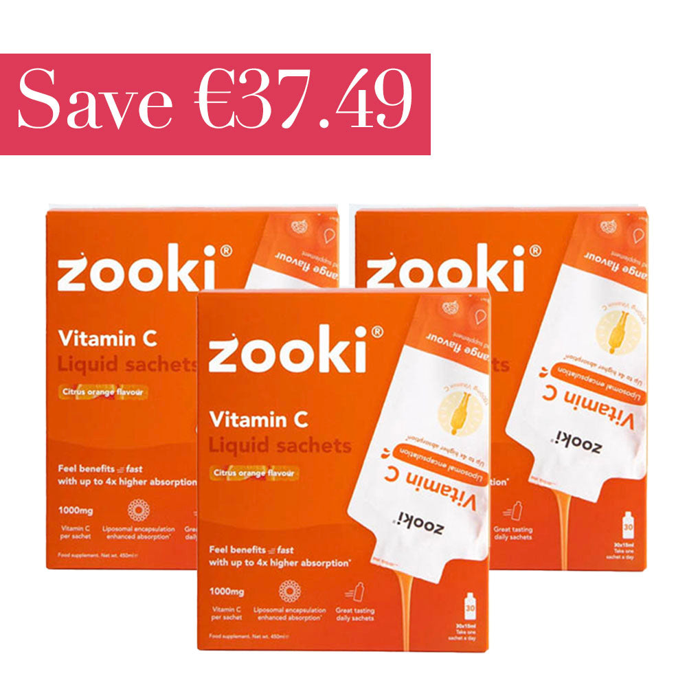 3 boxes of zooki orange flavoured vitamin c 30 sachets with white writing on a red banner saying save €37.49
