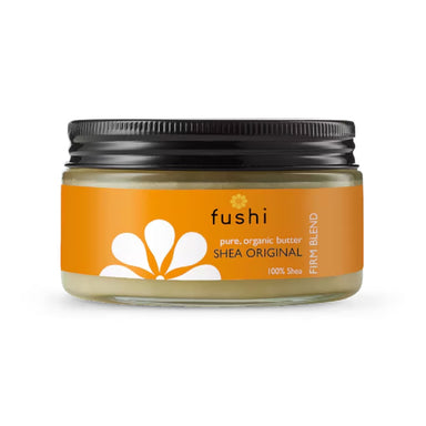 A jar of Fushi Organic Shea Butter with a black lid and a label that has a orange sunflower and text indicating it is 100% pure shea butter.