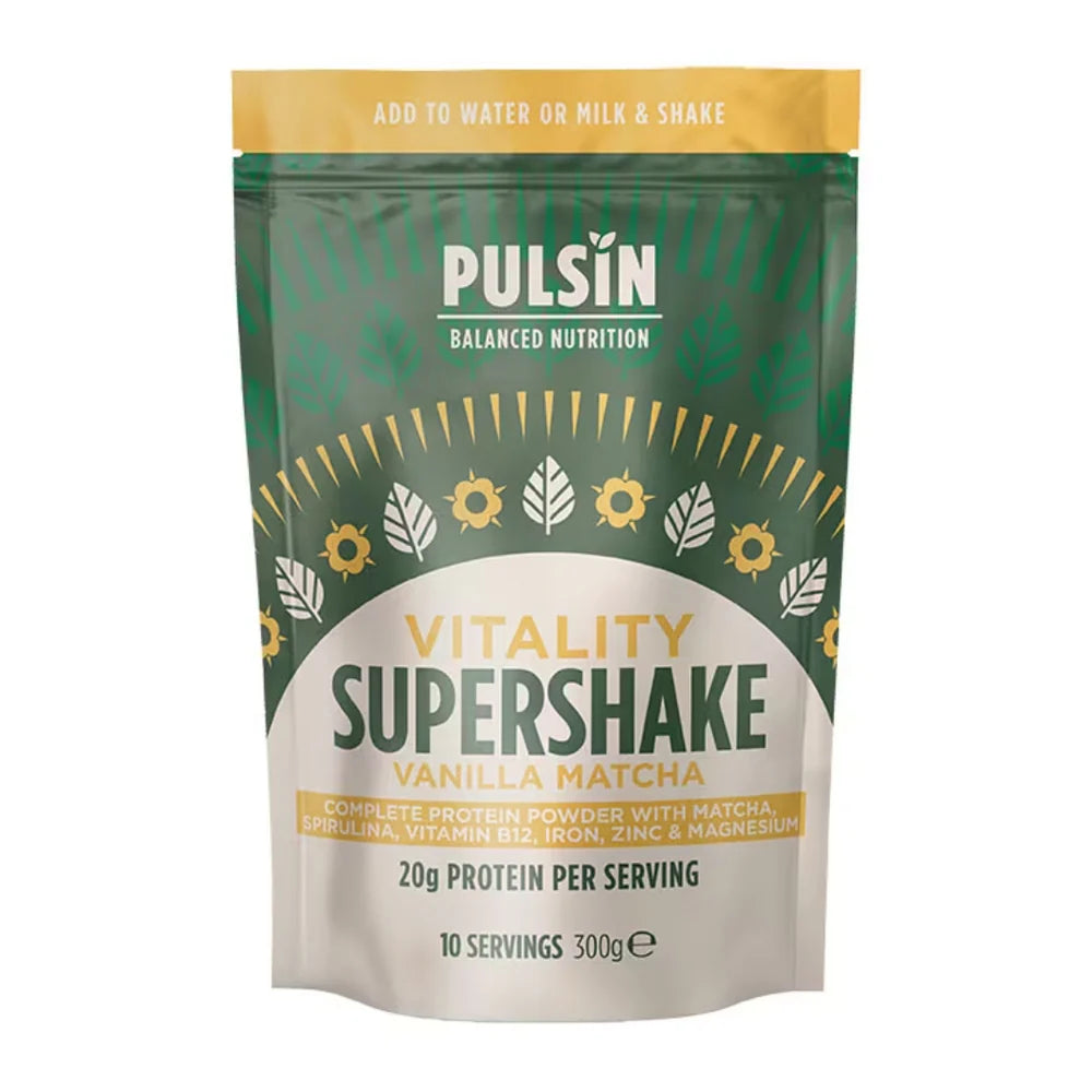 Pulsin Vitality Supershake Vanilla Matcha package on a white background